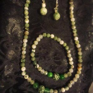 Moss & Green Agate Natural Stone Crystal Bead Stretch Bracelet, 925 Earrings